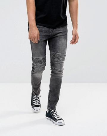Brooklyns Own Super Skinny Biker Jeans In Washed Black With Distressing - Black