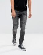 Brooklyns Own Super Skinny Biker Jeans In Washed Black With Distressing - Black