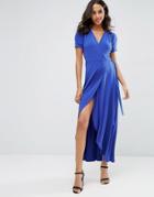 Asos Crepe Wrap Maxi Dress With Cap Sleeves - Cobalt Blue