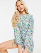 Influence Long Sleeve Printed Cotton Body-conscious Dress In Ditsy Floral Print-green
