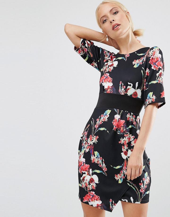 Closet Floral Drape V-back Scuba Dress - Black