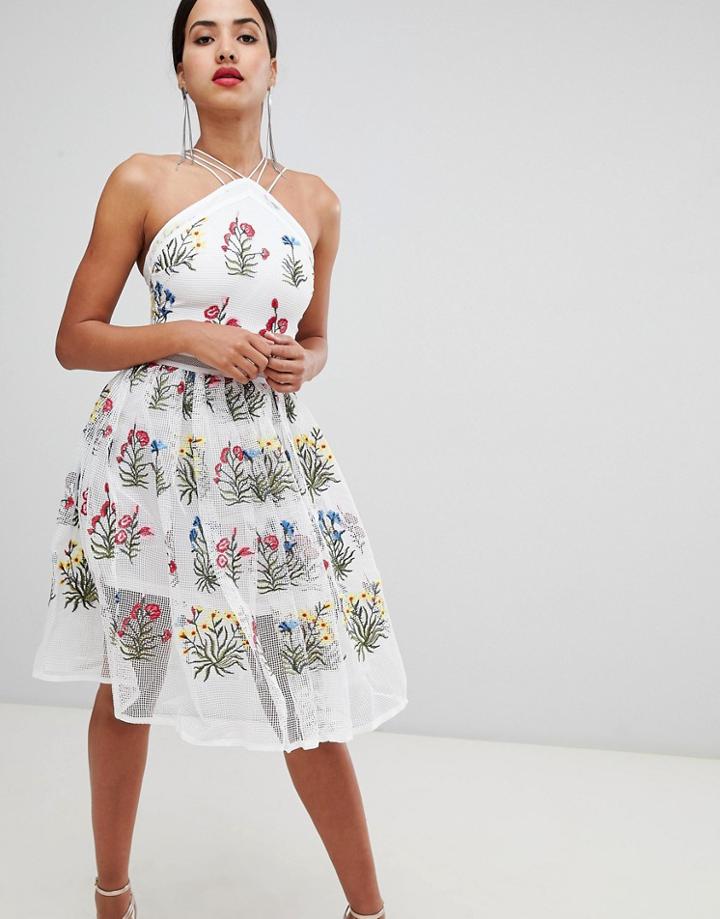 Rare London Mesh Flower Midi Dress-white