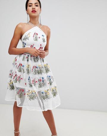 Rare London Mesh Flower Midi Dress-white