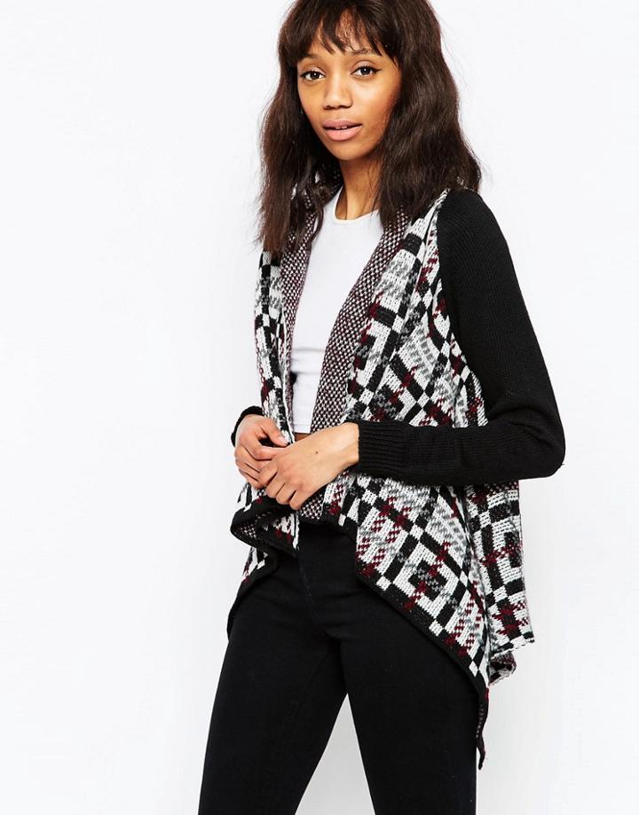 Wal G Waterfall Cardigan In Geo Print - Black