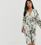 Asos Design Petite Midi Dress With Batwing Sleeve And Wrap Waist In Satin In Abstract Print - Multi