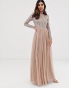 Maya Bridesmaid Long Sleeve Maxi Tulle Dress With Tonal Delicate Sequins In Taupe Blush-pink
