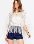 Daisy Street Festival Top With Fringed Hem - White