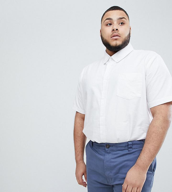 Badrhino Plus Short Sleeve Button Down Oxford Shirt In 100% Cotton In White - White