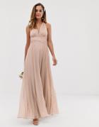 Asos Design Bridesmaid Ruched Bodice Drape Maxi Dress With Wrap Waist-beige