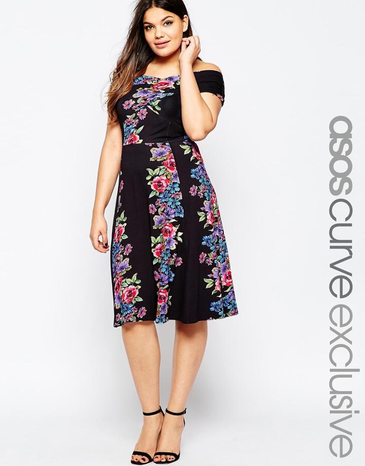 Asos Curve Bardot Midi Skater Dress In Stripe Floral Print - Multi