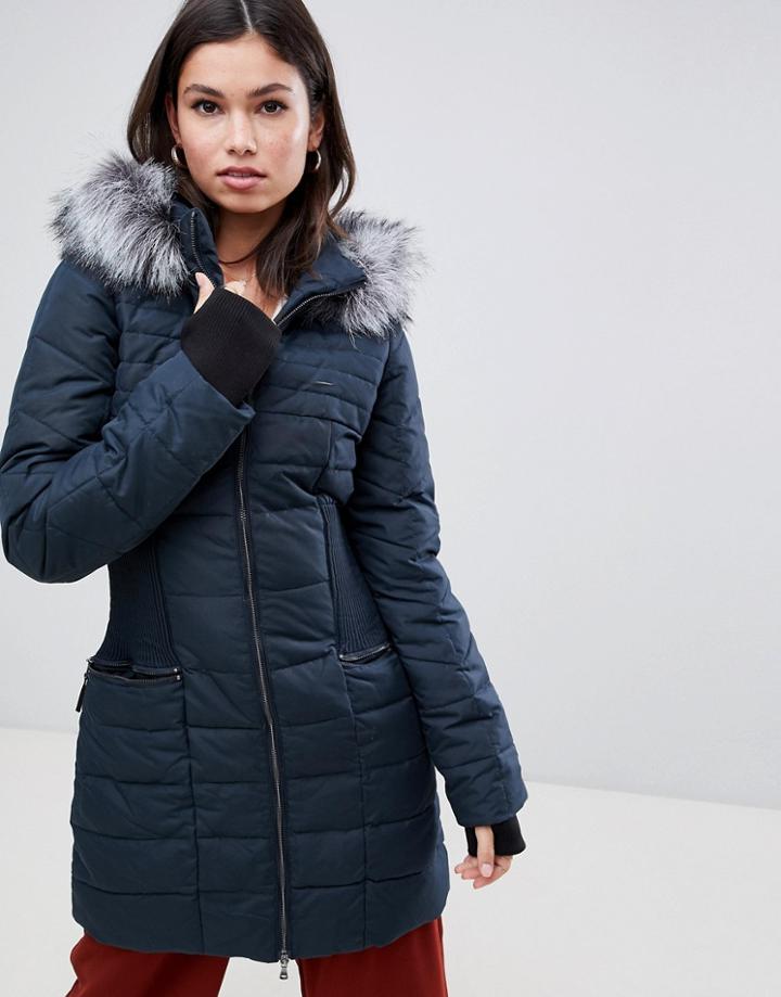 Y.a.s Gathered Waist Parka With Faux Fur Trim Hood - Green
