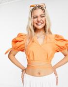Urban Revivo Puff Sleeve Cropped Blouse With Tie Details In Orange