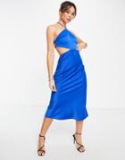 Asos Design Bias Cut Satin Midi Dress With Halter Neck And Wrap Tie Waist Detail-blue