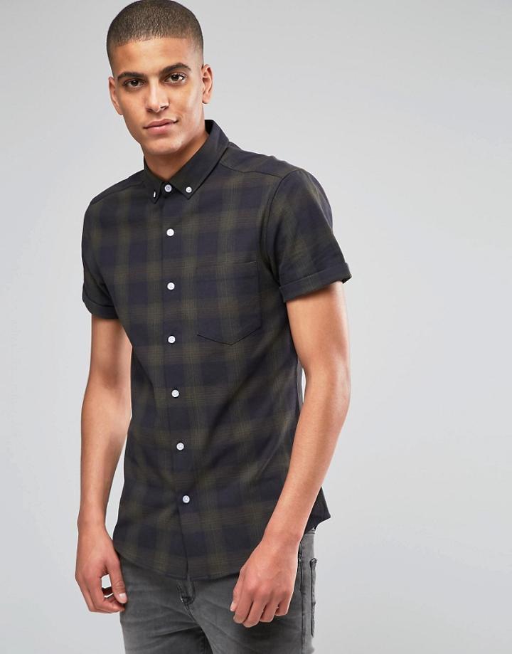 Asos Skinny Shirt With Khaki Shadow Check In Short Sleeve - Khaki