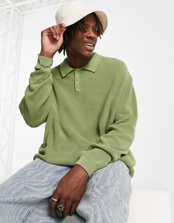Asos Design Oversized Lightweight Polo Neck Sweater In Green