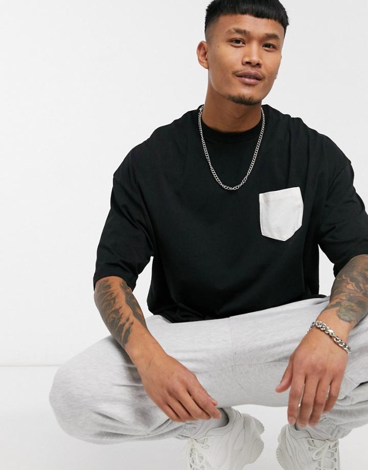 Asos Design Oversized T-shirt With Half Sleeves And Pocket In Black