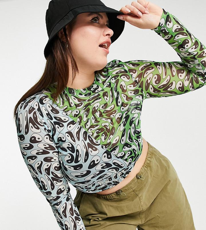 Collusion Plus Spliced Yin Yang Mesh Long Sleeve Top In Aqua-blue