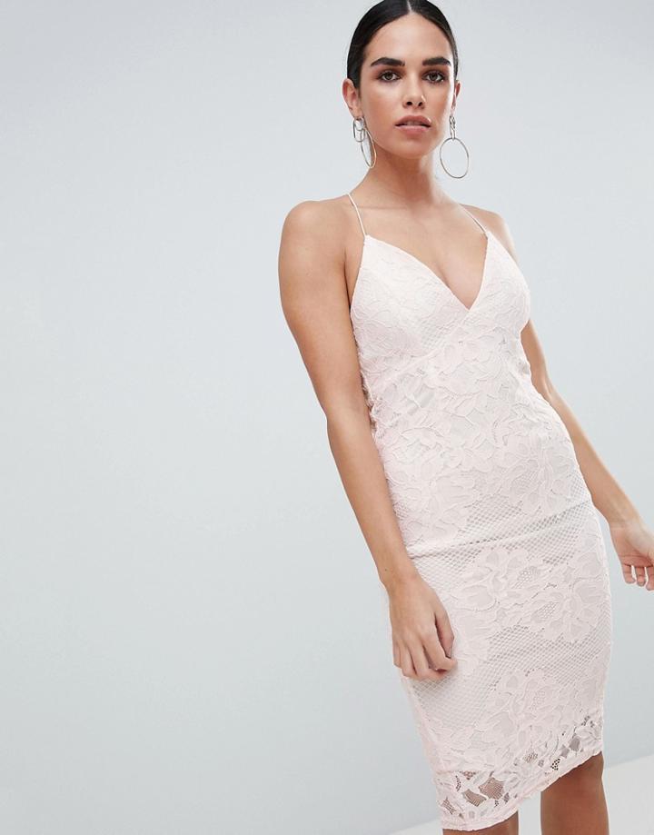 Ax Paris Contrast Pink Lace Bodycon Dress With Plunge Front - Multi