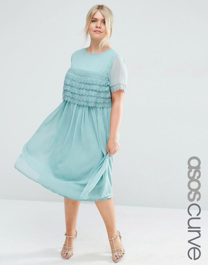 Asos Curve Salon Midi Prom Dress With Layered Lace Top - Green