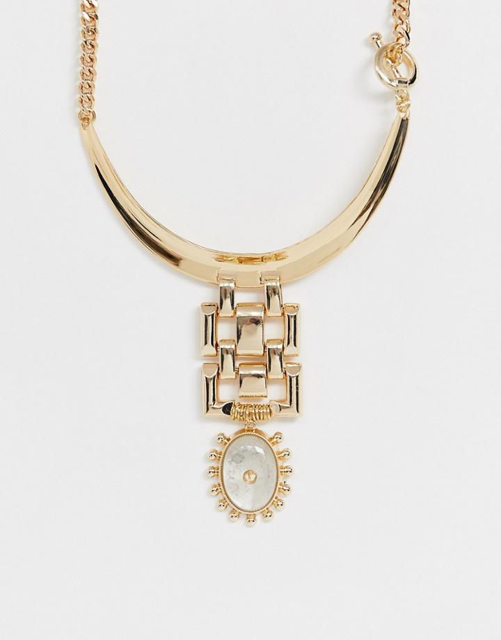 Asos Design Torque Necklace With Studded Stone Pendant In Gold Tone - Gold