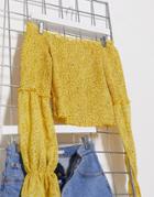 Missguided Shirred Bardot Top With Long Sleeves In Ditsy Floral Print-yellow