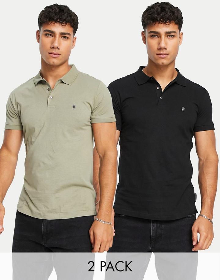French Connection 2 Pack Polo In Black & Khaki-green
