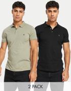 French Connection 2 Pack Polo In Black & Khaki-green