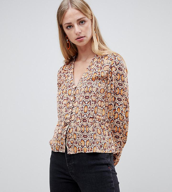 Mango Snake Print Button Detail V Neck Blouse In Multi