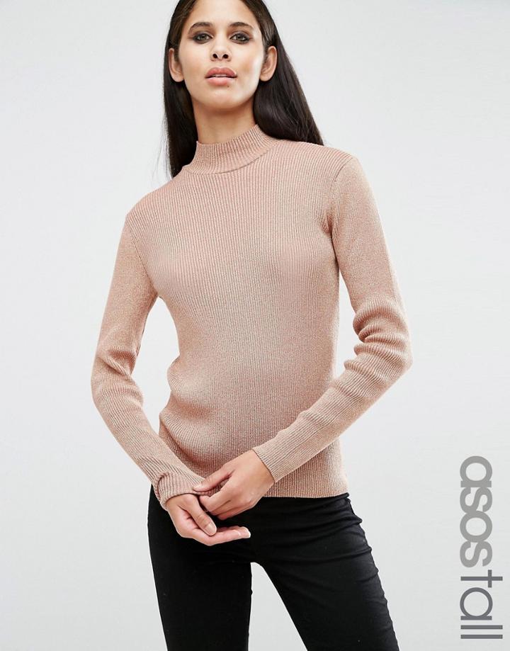 Asos Tall Sweater With High Neck In Metallic - Pink