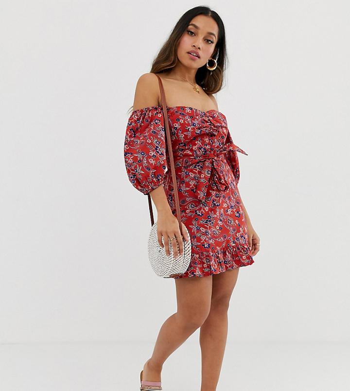 Asos Design Petite Puff Sleeve Skater Mini Dress In Paisley Print-multi