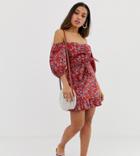 Asos Design Petite Puff Sleeve Skater Mini Dress In Paisley Print-multi