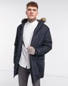 French Connection Faux Fur Hood Parka Jacket In Navy