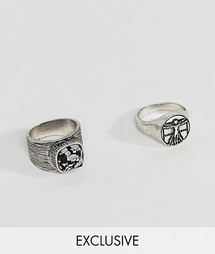Reclaimed Vintge Inspired Signet Ring With Semi Precious Stone In 2 Pack Exclusive To Asos - Silver