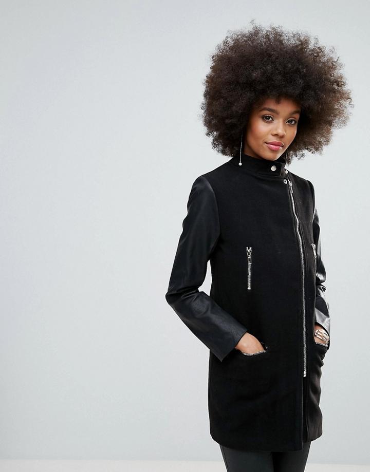 Missguided Faux Leather Sleeved Collarless Biker Jacket Black - Black