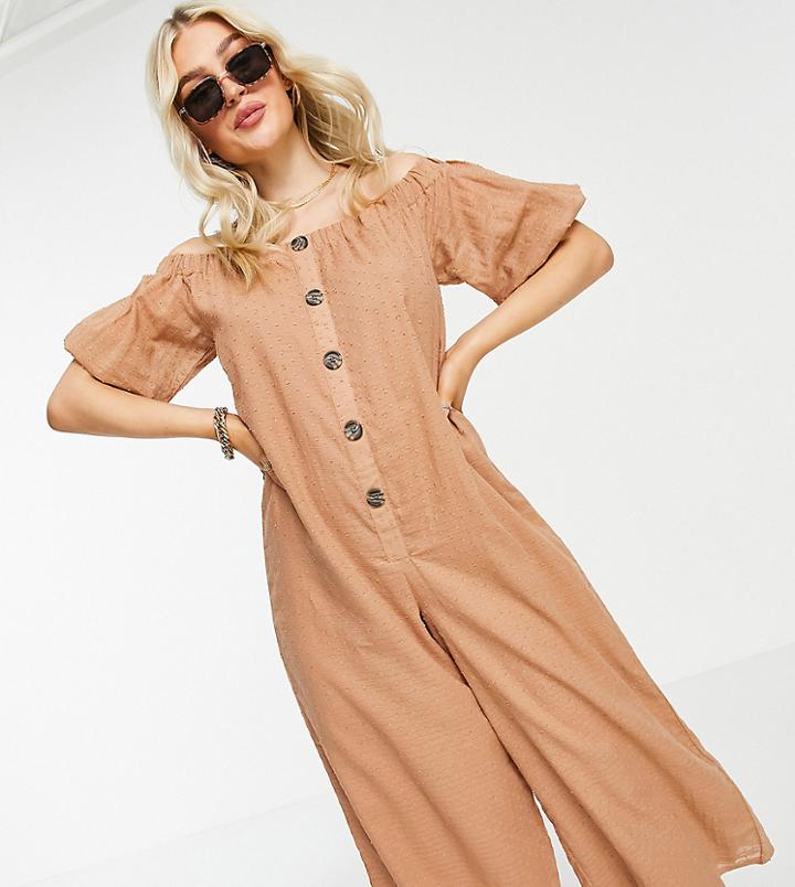 Asos Design Petite Off Shoulder Button Front Textured Jumpsuit In Sand-brown