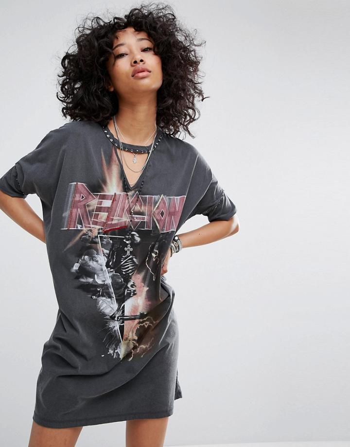 Religion Embellished T-shirt Dress With Choker Detail - Gray