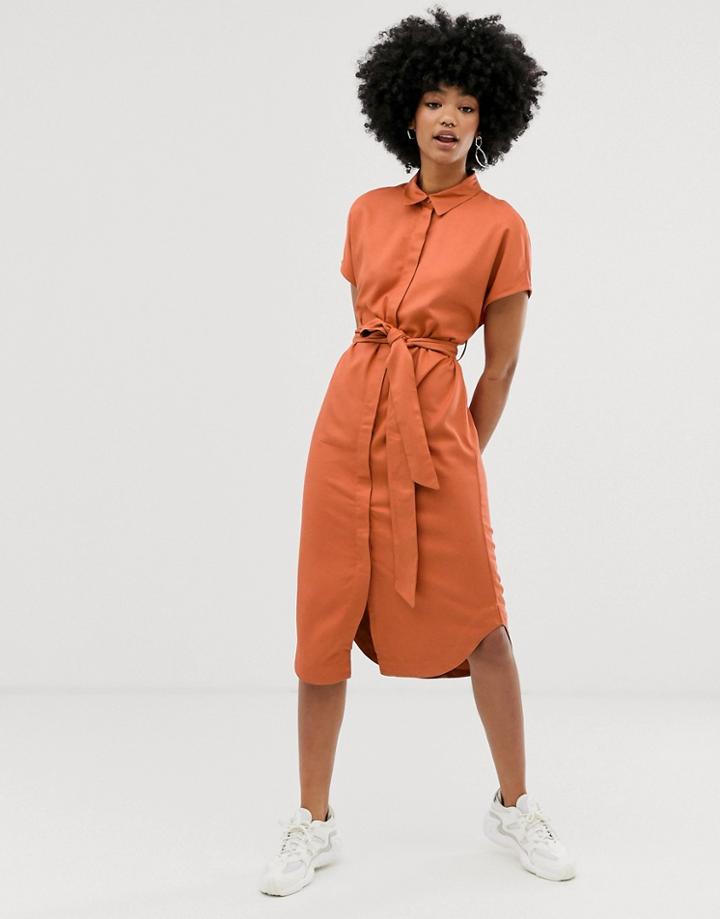 Monki Tie Waist Midi Shirt Dress In Rust-brown