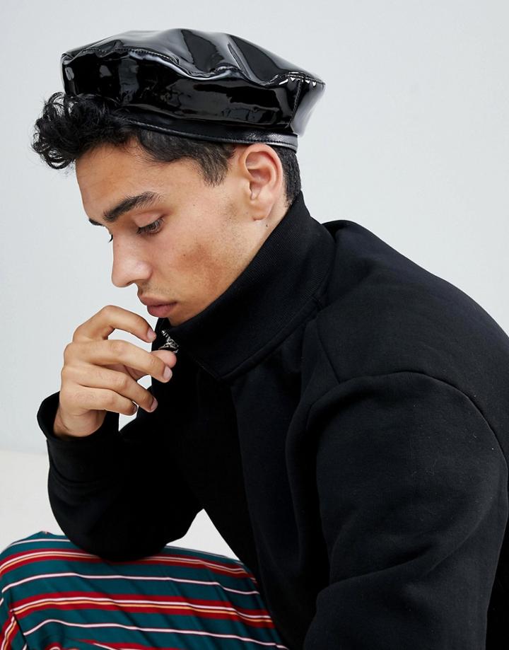 Asos Design Beret In Black Vinyl - Black