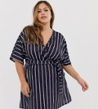 Pink Clove Wrap Dress With Fluted Sleeves In Stripe-navy
