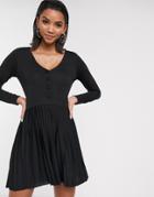 Asos Design Long Sleeve Pleated Mini Dress In Black