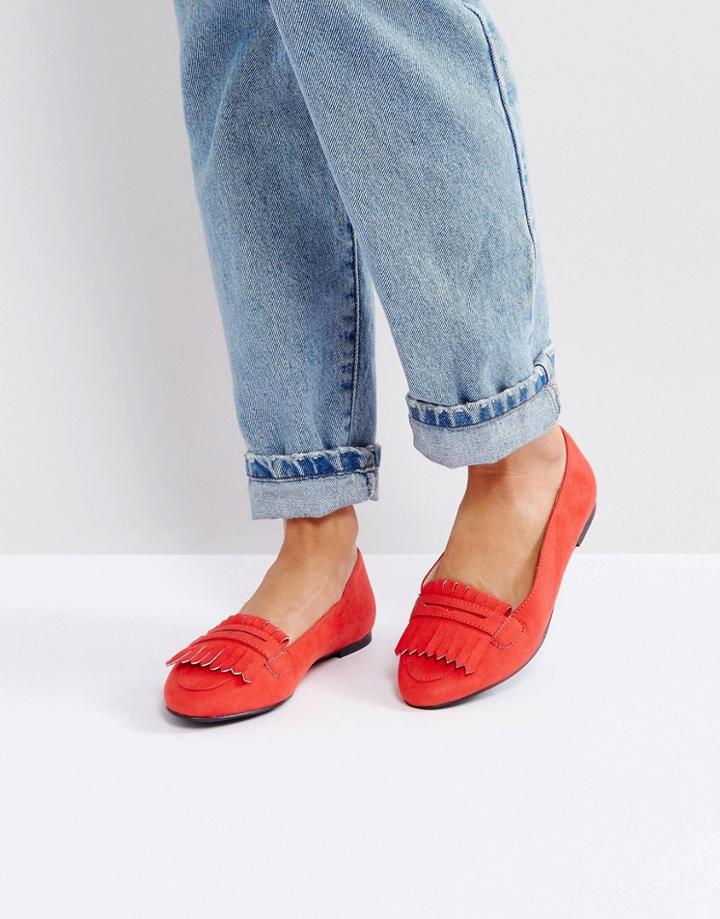 London Rebel Fringe Flat Slipper With Buckle - Red