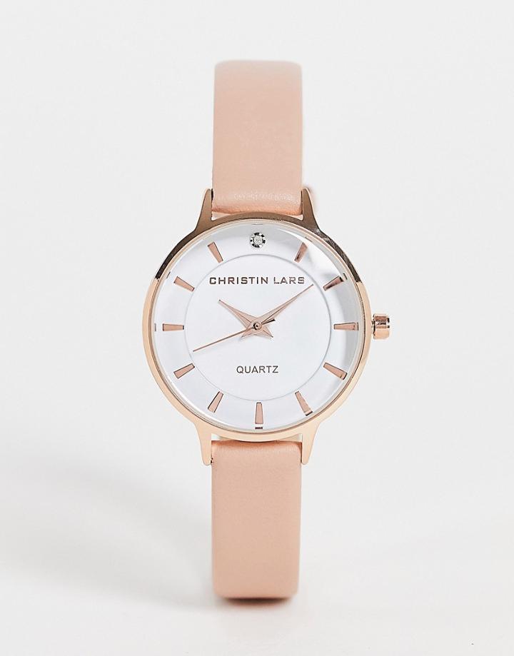 Christian Lars Womens Slimline Leather Strap Watch In Rose Gold