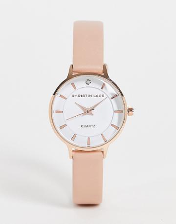 Christian Lars Womens Slimline Leather Strap Watch In Rose Gold