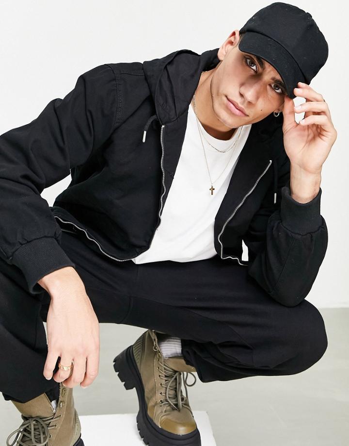 Pull & Bear Cotton Zip Through Jacket In Black