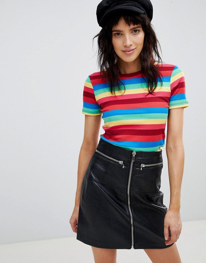 Stradivarius Ribbed Rainbow Stripe T Shirt - Multi