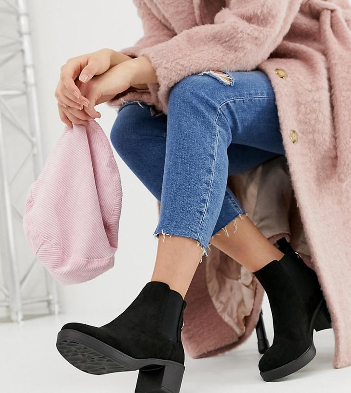 New Look Wide Fit Suedette Chunky Chelsea Heeled Boot In Black - Black