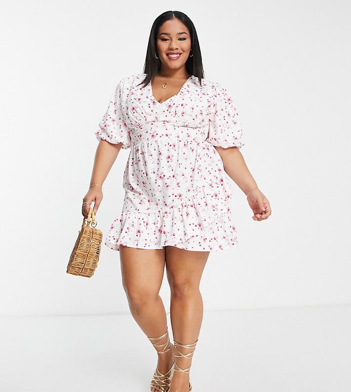 In The Style Plus X Perrie Sian Puff Sleeve Frill Wrap Detail Mini Dress In White Ditsy Print-multi