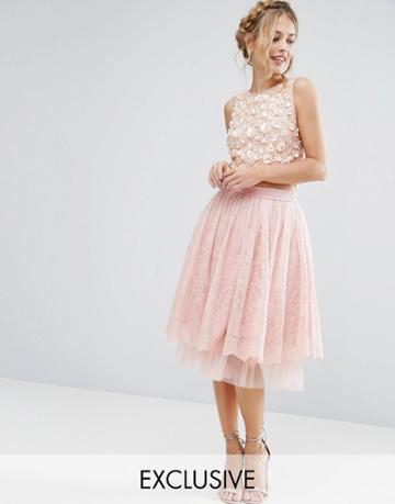 Lace & Beads Tulle Midi Skirt With Lace Overlay - Pink