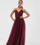 Asos Design Tall Cami Pleated Tulle Maxi Dress In Oxblood-red