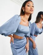 Asos Edition Satin Puff Sleeve Crop Top In Dusky Blue - Part Of A Set